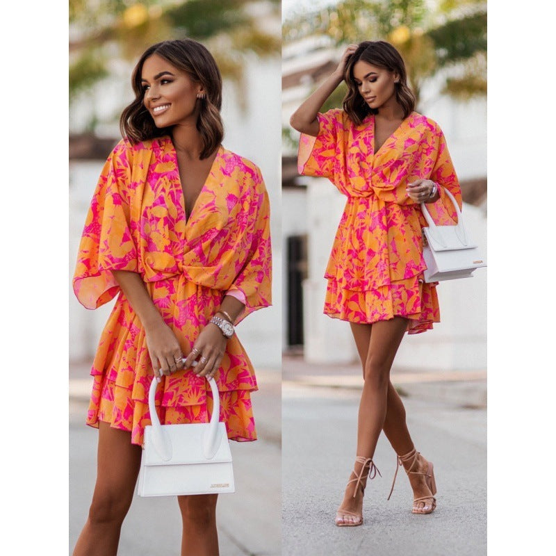 Printed V Neck Twisted Waist Dress