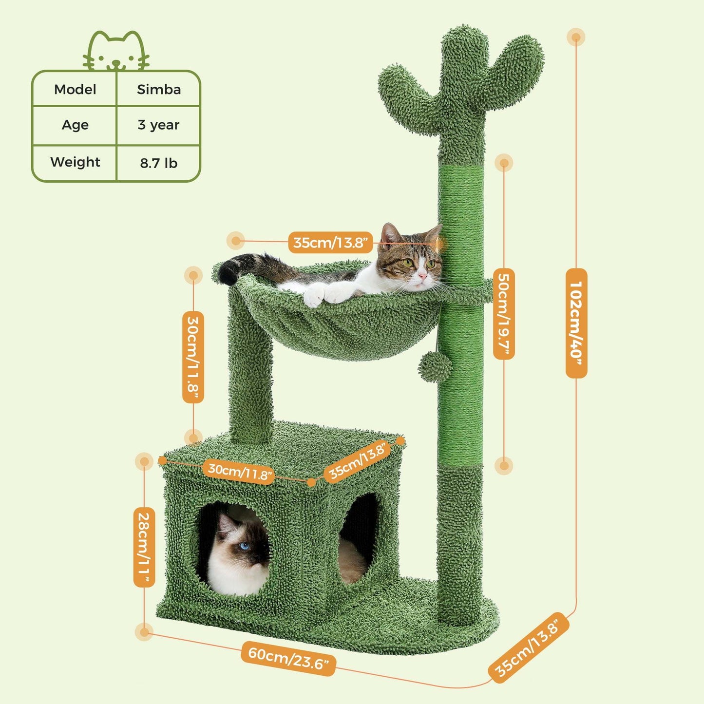 PAWZ Road Cactus Cat Tree Condo 39.4 Inch With Hammock, Tall Sisal Scratching Post For Indoor Medium Cats, Green