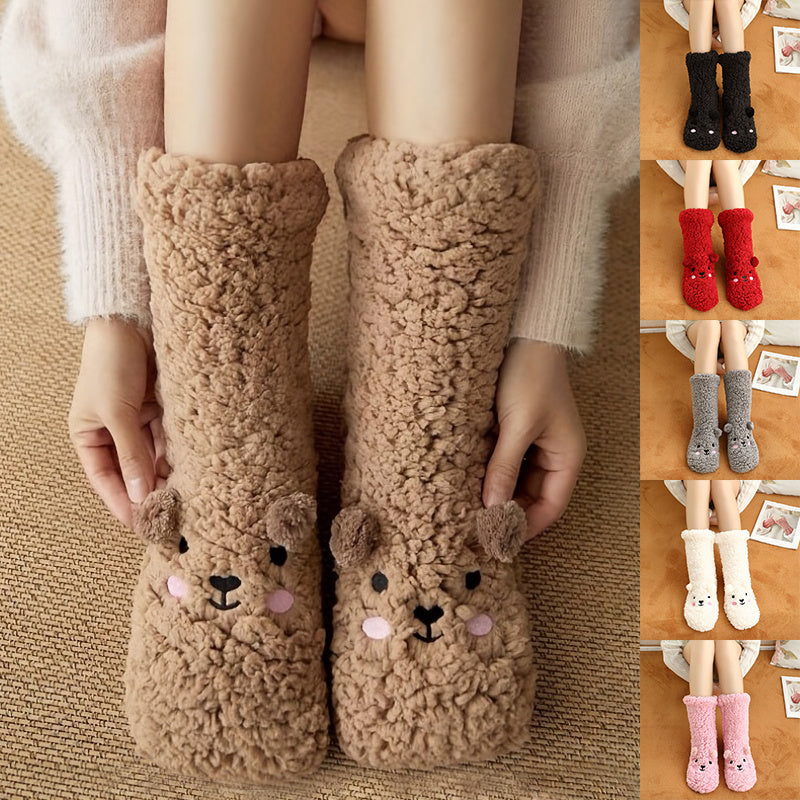 Cute Cartoon Bear Fuzzy Socks For Women, Comfortable Winter Soft Warm Slipper Socks, Casual Sleep Socks For Indoor Women's Fuzzy Socks Winter Warm Fluffy Soft Slipper Home Sleeping Cute Animal Socks