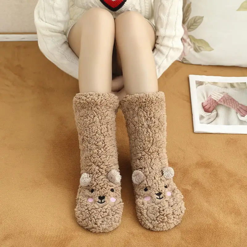 Cute Cartoon Bear Fuzzy Socks For Women, Comfortable Winter Soft Warm Slipper Socks, Casual Sleep Socks For Indoor Women's Fuzzy Socks Winter Warm Fluffy Soft Slipper Home Sleeping Cute Animal Socks