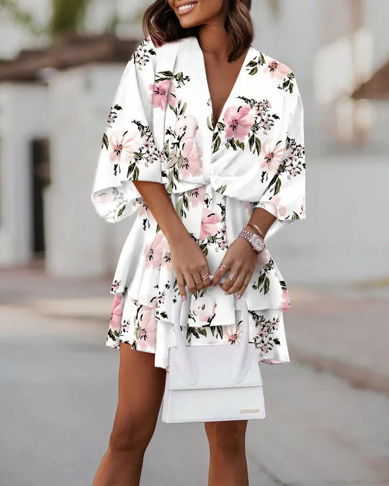 Printed V Neck Twisted Waist Dress