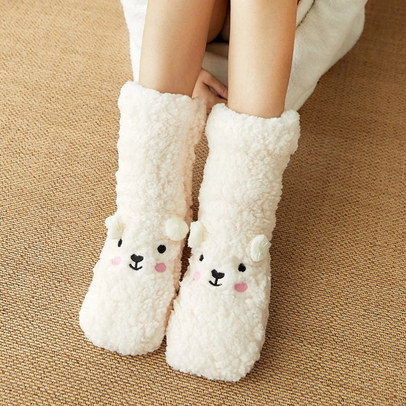 Cute Cartoon Bear Fuzzy Socks For Women, Comfortable Winter Soft Warm Slipper Socks, Casual Sleep Socks For Indoor Women's Fuzzy Socks Winter Warm Fluffy Soft Slipper Home Sleeping Cute Animal Socks