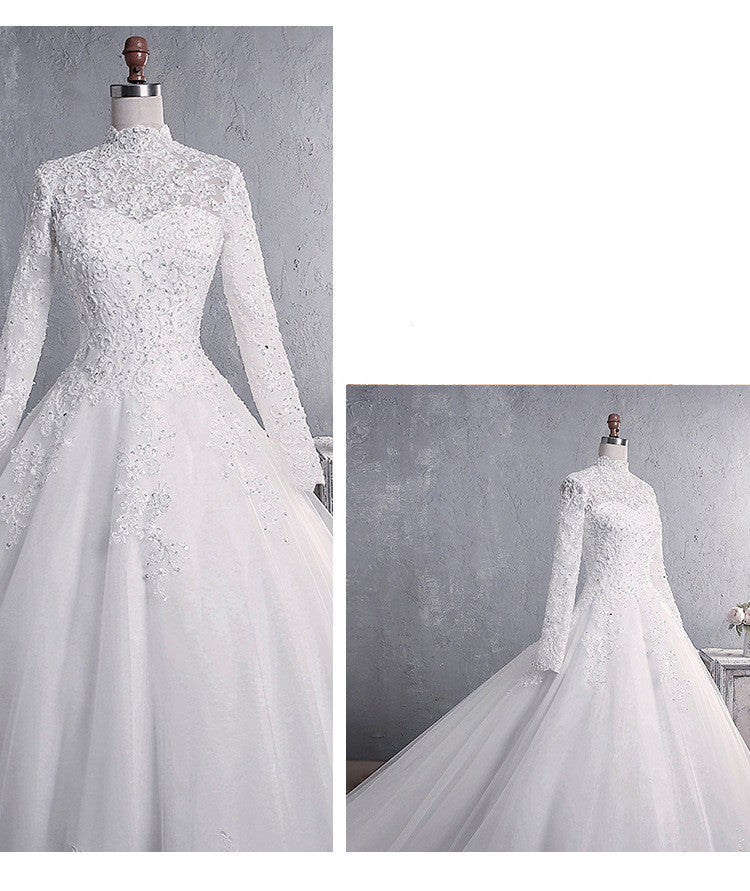 Lace Wedding Dress Bridal Stand-up Collar Long-sleeved Large Tail Large Size