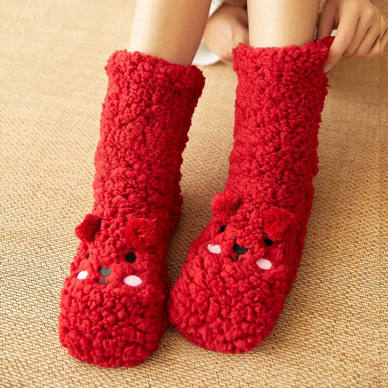 Cute Cartoon Bear Fuzzy Socks For Women, Comfortable Winter Soft Warm Slipper Socks, Casual Sleep Socks For Indoor Women's Fuzzy Socks Winter Warm Fluffy Soft Slipper Home Sleeping Cute Animal Socks