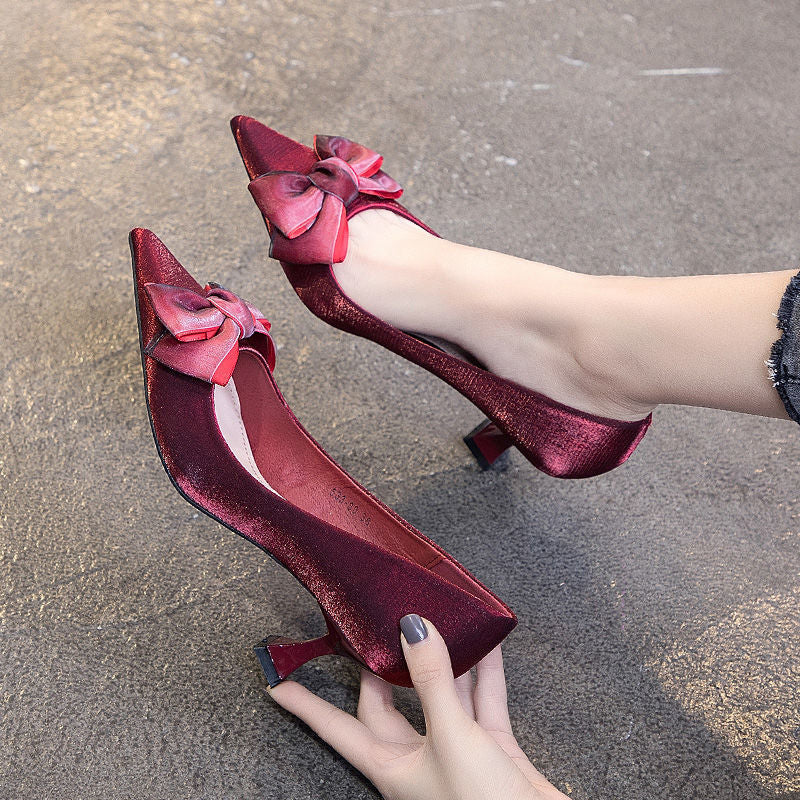 Fashion Bow Pointed Single Shoes Red Wedding Shoes